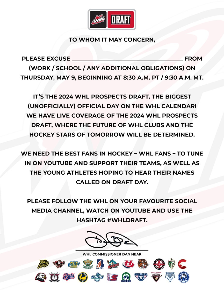 We know you wanna watch the 2024 WHL Prospects Draft on YouTube, so the Commish has ya covered. Tune in tomorrow at 9:30 a.m. MT #WHLDraft