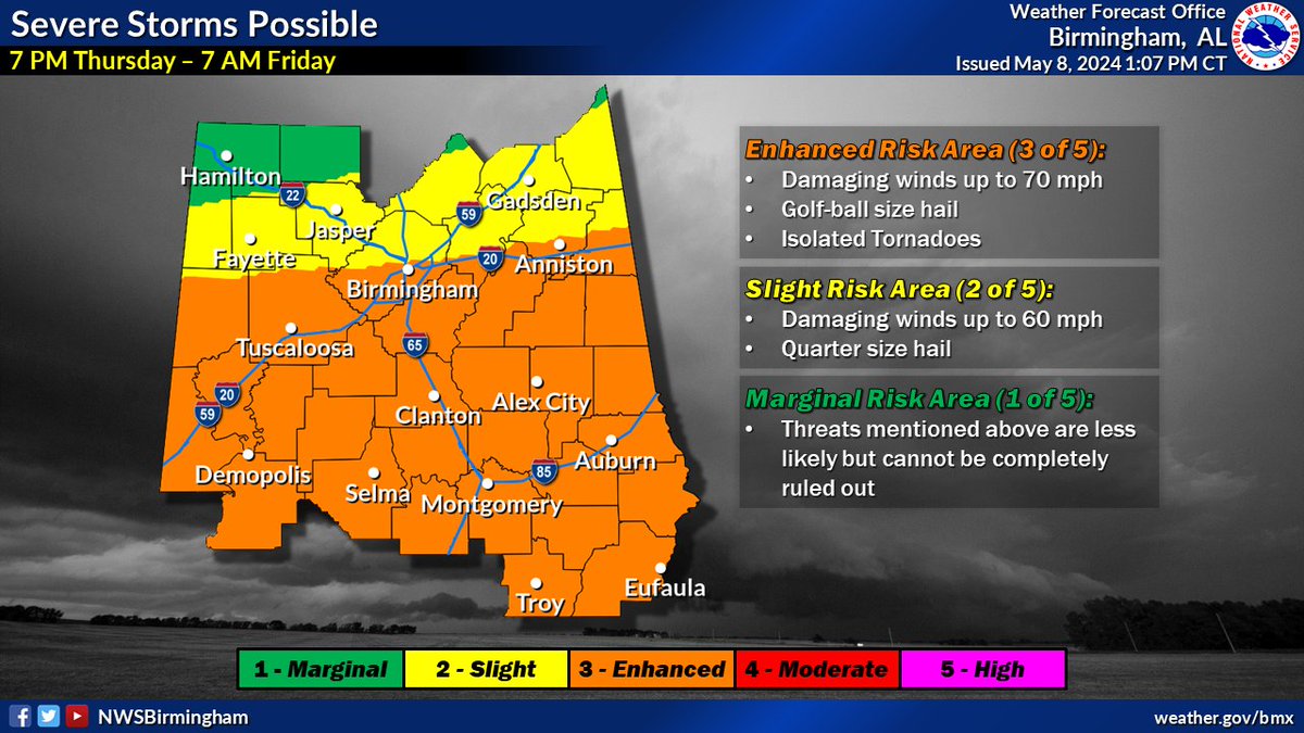 5.8.24- Two rounds of potentially severe weather in the next 30-32 hrs. First round will impact Etowah County between 1 am and 8 am Thursday morning. Second round will be from 7 pm Thursday to 7 am Friday. Winds up to 60 mph and quarter-size hail possible. Tornado still possible.
