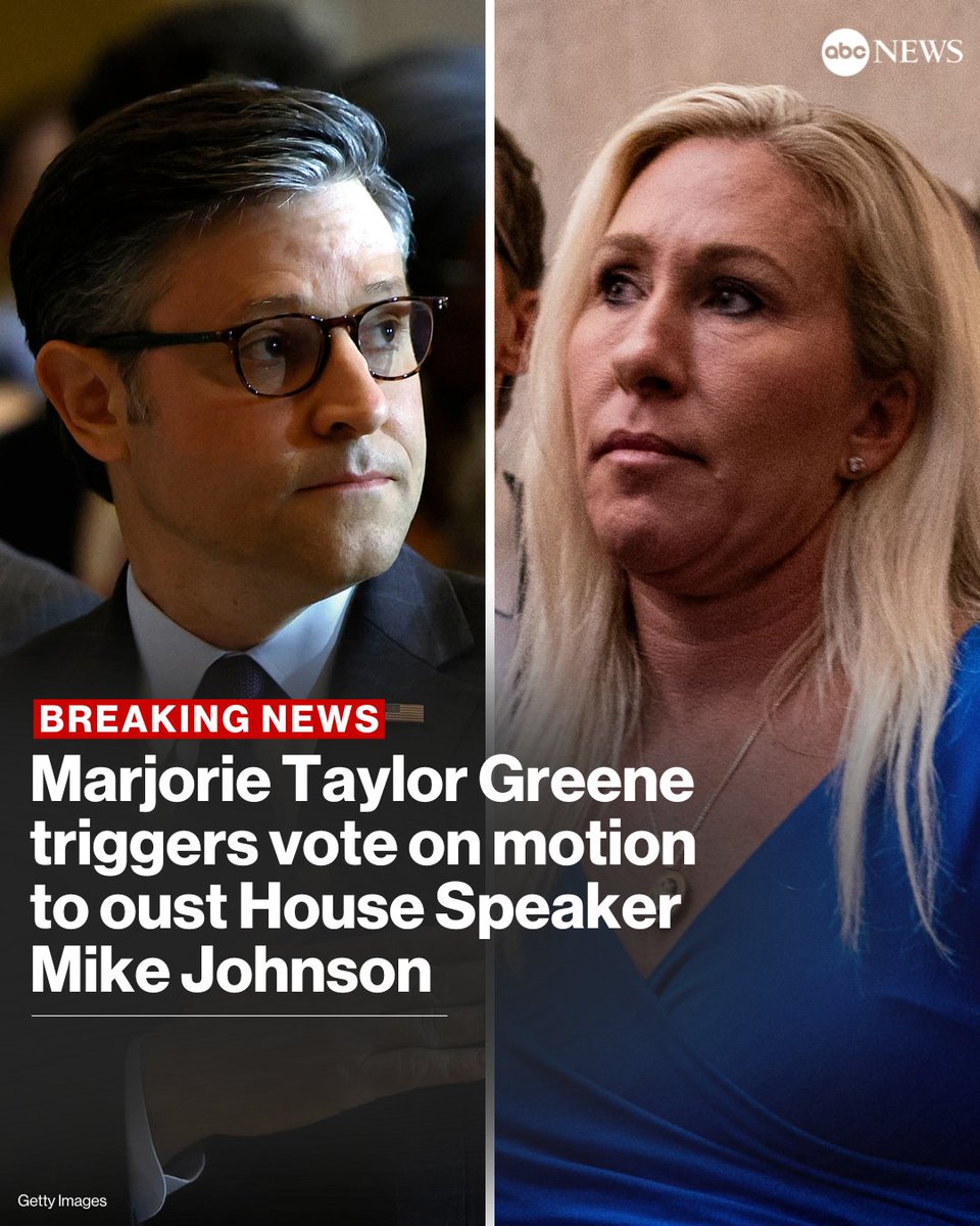 BREAKING: Republican Rep. Marjorie Taylor Greene has officially triggered a vote on her motion to vacate House Speaker Mike Johnson. trib.al/iBosFLG