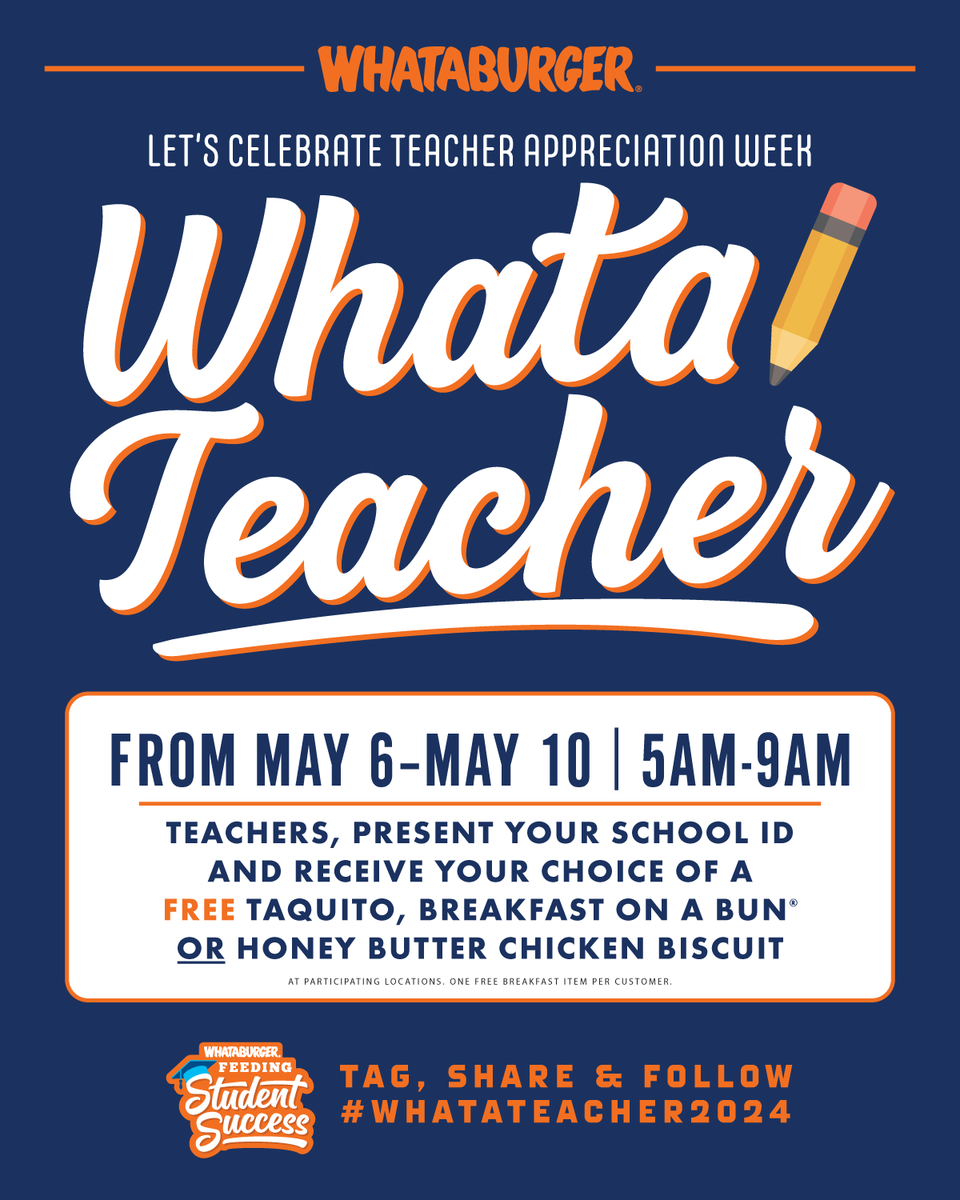 Hey #HumbleISD Teachers ~ Who doesn't love some FREE @Whataburger?! As always, Whataburger is supporting teachers during #TeacherAppreciationWeek. Bring your school ID this week between 5 to 9 a.m. for some free food! #WHATATEACHER2024