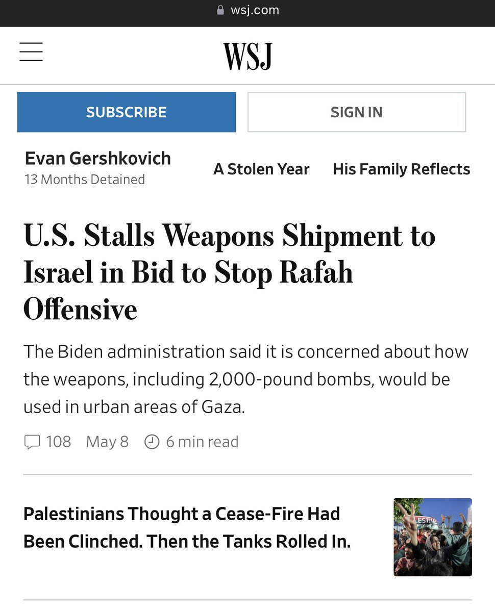 U.S. Stalls Weapons Shipment to Israel in Bid to Stop Rafah Offensive -WSJ

….the U.S. should cut all ties with Israel.  #DefundIsrael