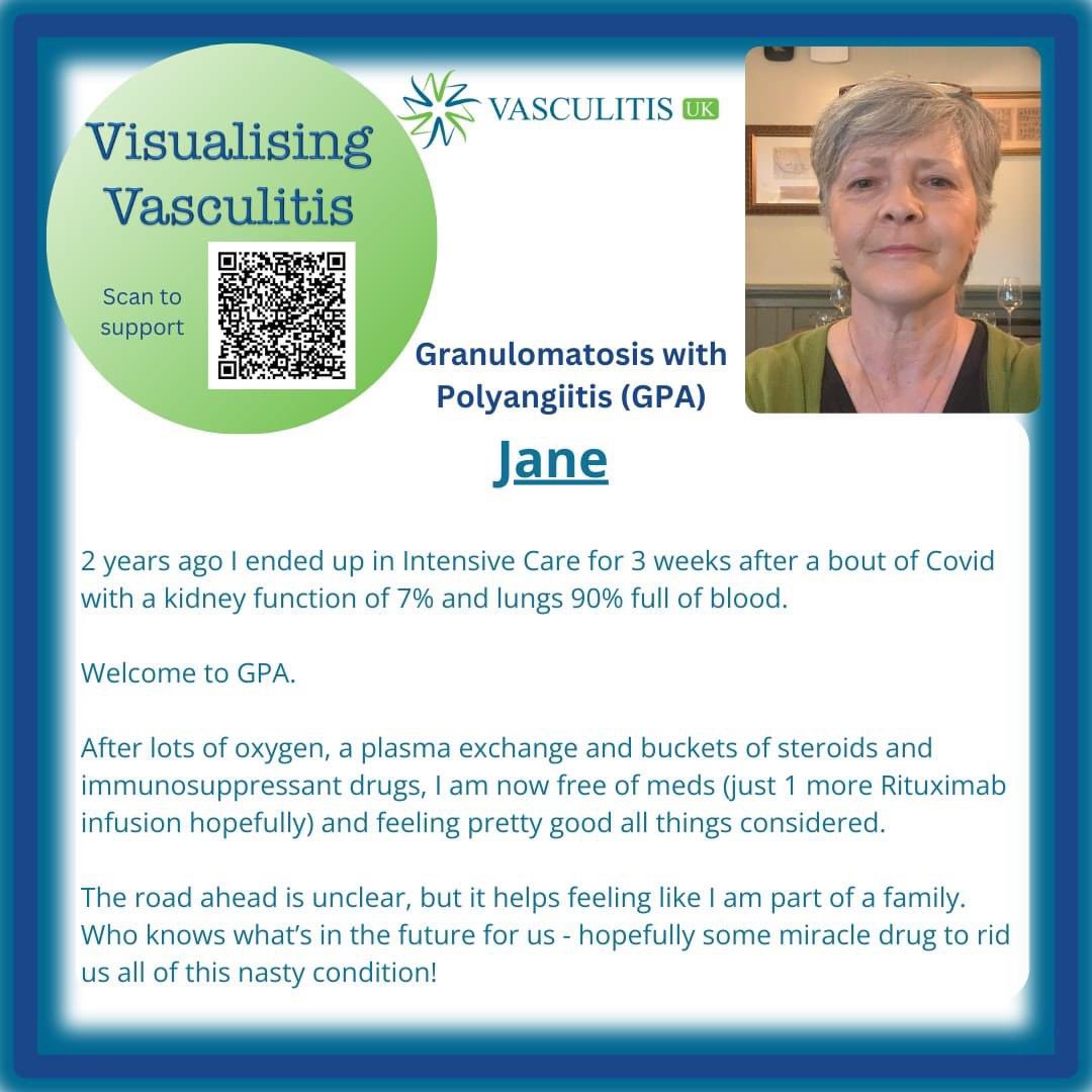 May - Day 8 #Vasculitis awareness month. #Visualising Vasculitis #raredisease GPA Vasculitis has the potential to affect the #kidneys & #lungs Take a moment to read Jane's story & support #VasculitisUK ‘s campaign to support #patients & #research - justgiving.com/campaign/visua…