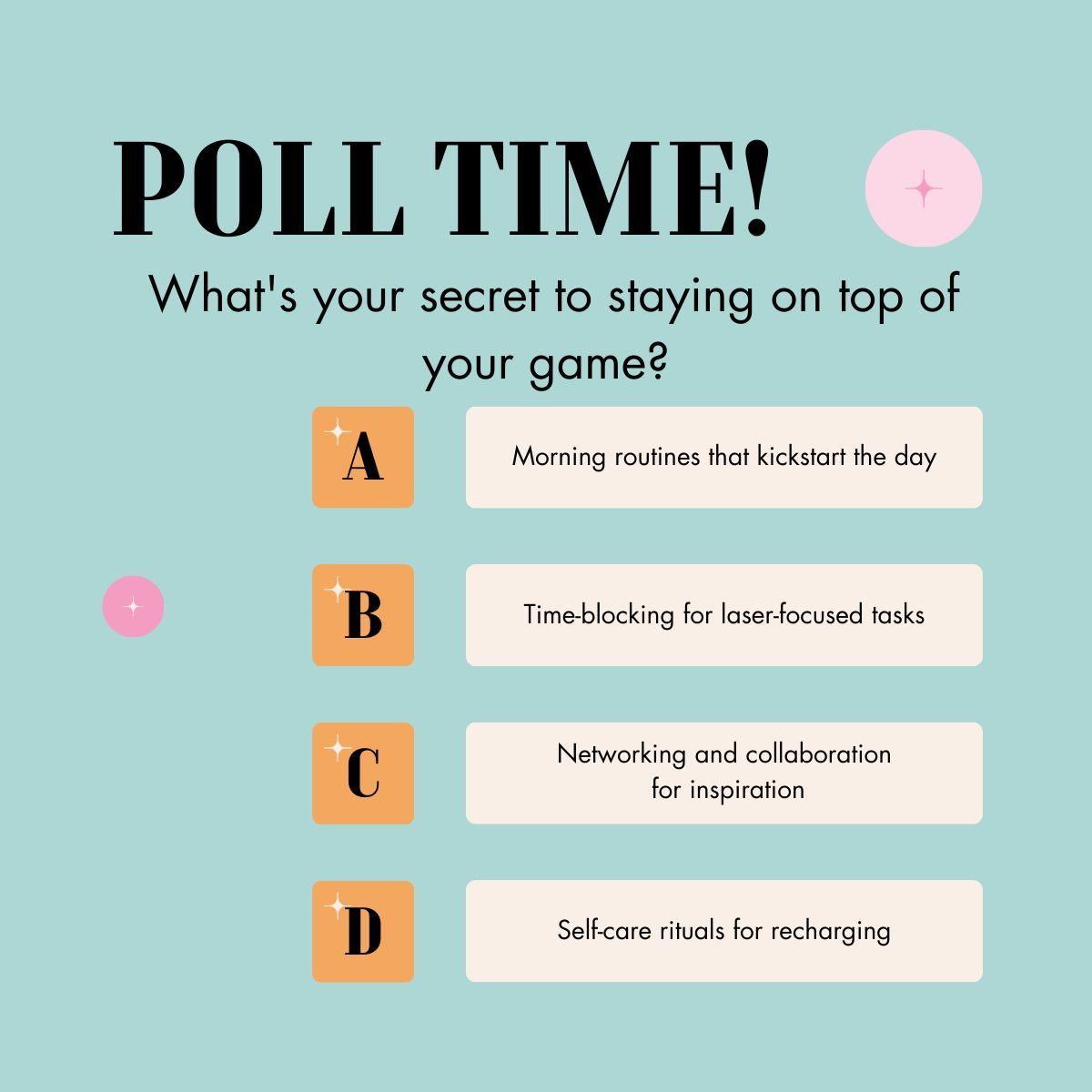 Poll Time!

Got another one, leave it in the comments

#selfcare #productivityhacks #burnout #gettingthingsdone