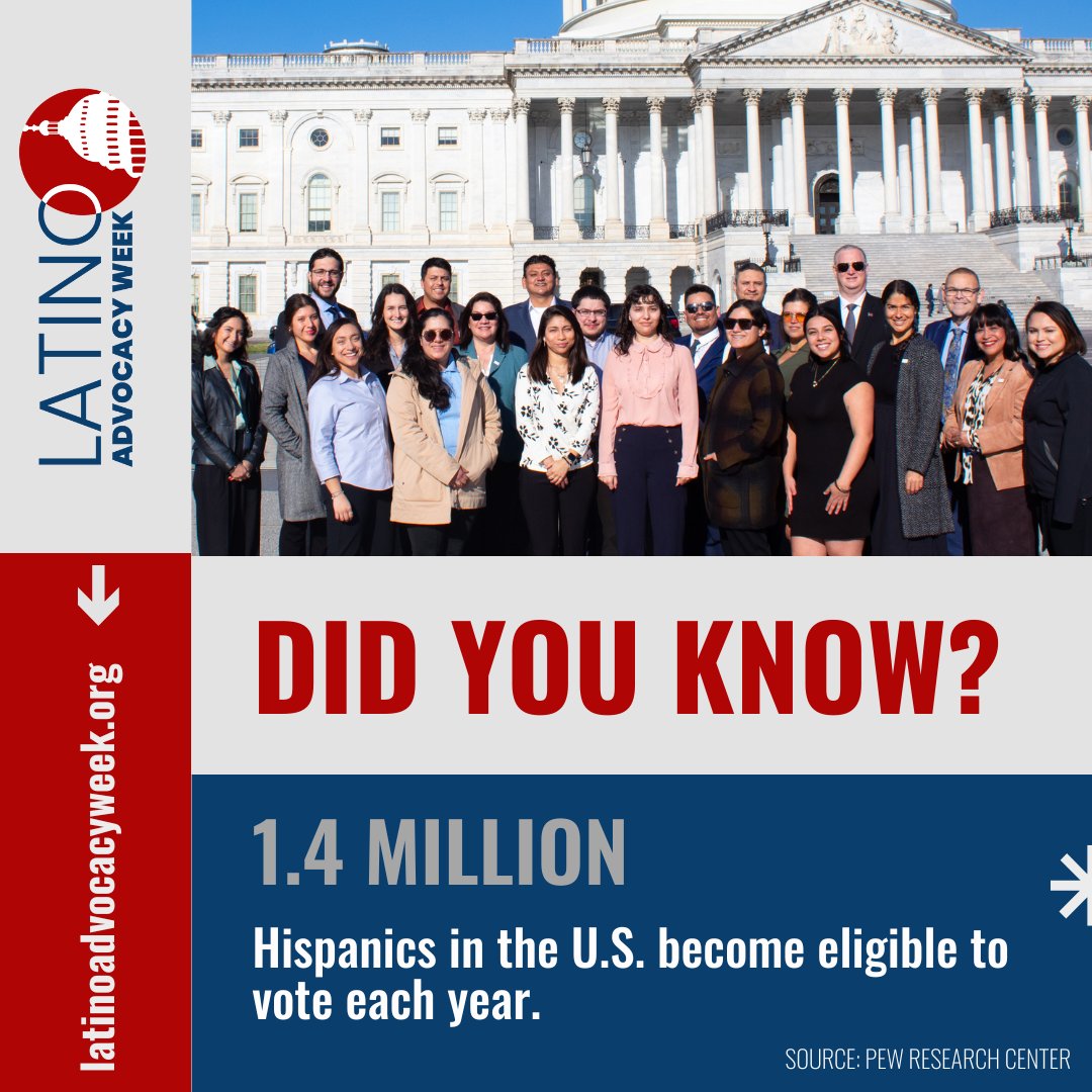 Get ready to make a difference during #LatinoAdvocacyWeek2024! 🏛️ DYK? The PEW Research Center reports that every year, approximately 1.4 million Hispanics become eligible to vote. Join us as we amplify our voices & advocate for our community. Learn more➡️ ow.ly/zEPH50RzUSL