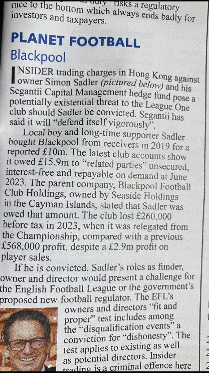 Blackpool could be in bother. Private Eye is reporting insider trading charges in Hong Kong against owner Simon Sadler which pose “an existential threat” to the club 😬