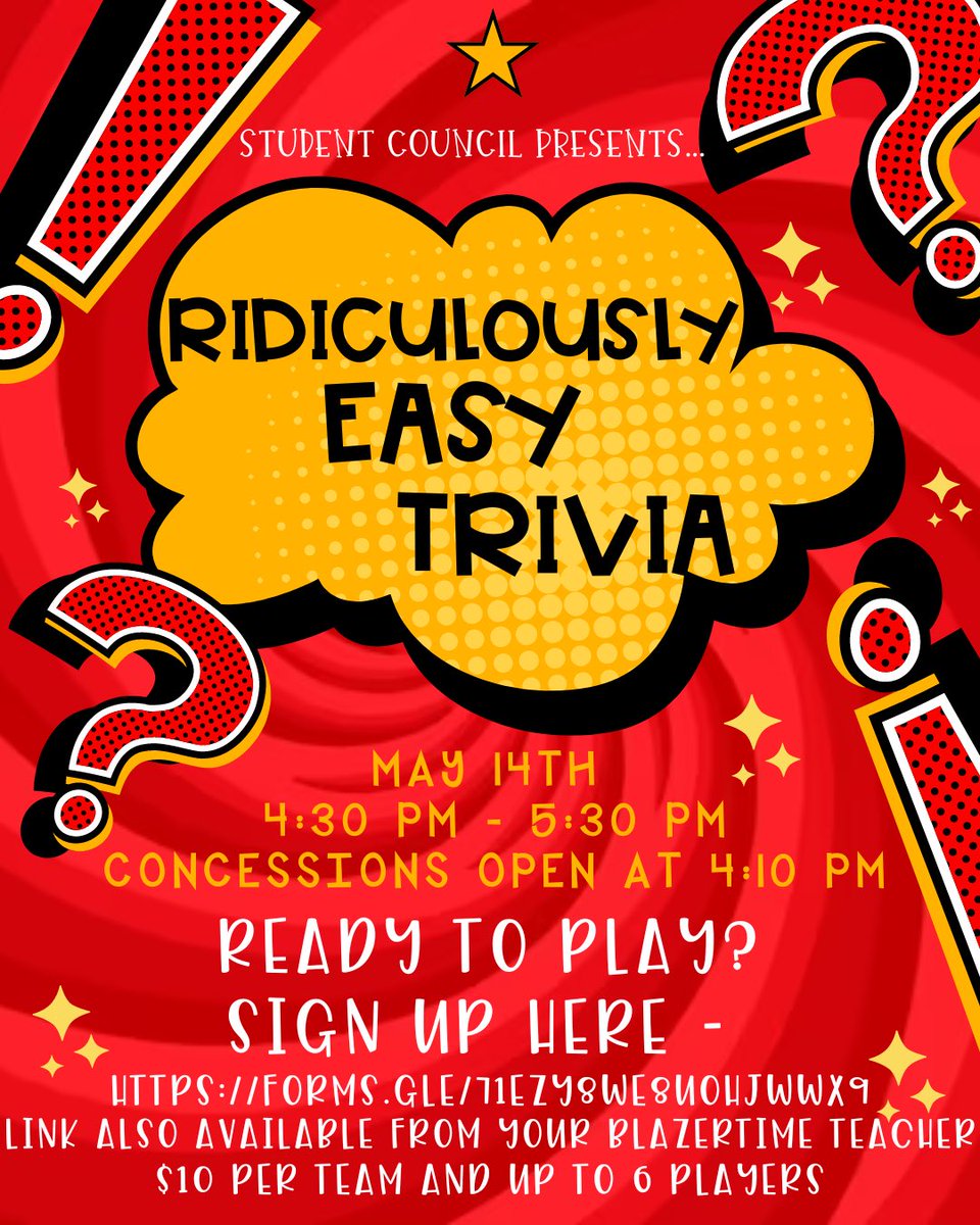 Student Council is hosting a trivia event after school on May 14th! It is $10 per team, up to 6 players! Using your school account, sign up with your team to show what you know! 🧠