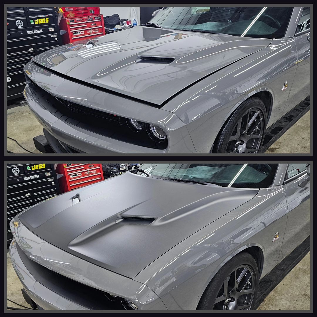 Scat 392 received flat black hood wrap, then kicked over to Shine Syndicate next door for extensive paint correction and ceramic coating. Ready for summer! #yeg #wrap #ppf #windowfilm