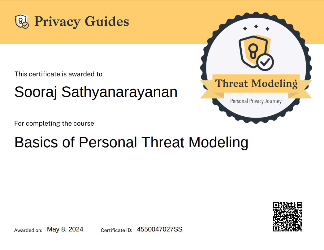 iAnonymous3000's tweet image. Just completed the &apos;Basics of Personal Threat Modeling&apos; course by @privacy_guides 

- Helps identify &amp;amp; prioritize the most probable security &amp;amp; privacy risks
- Enables focused resource allocation, tailored defenses, &amp;amp; heightened awareness.

learn.privacyguides.org

#threatmodeling