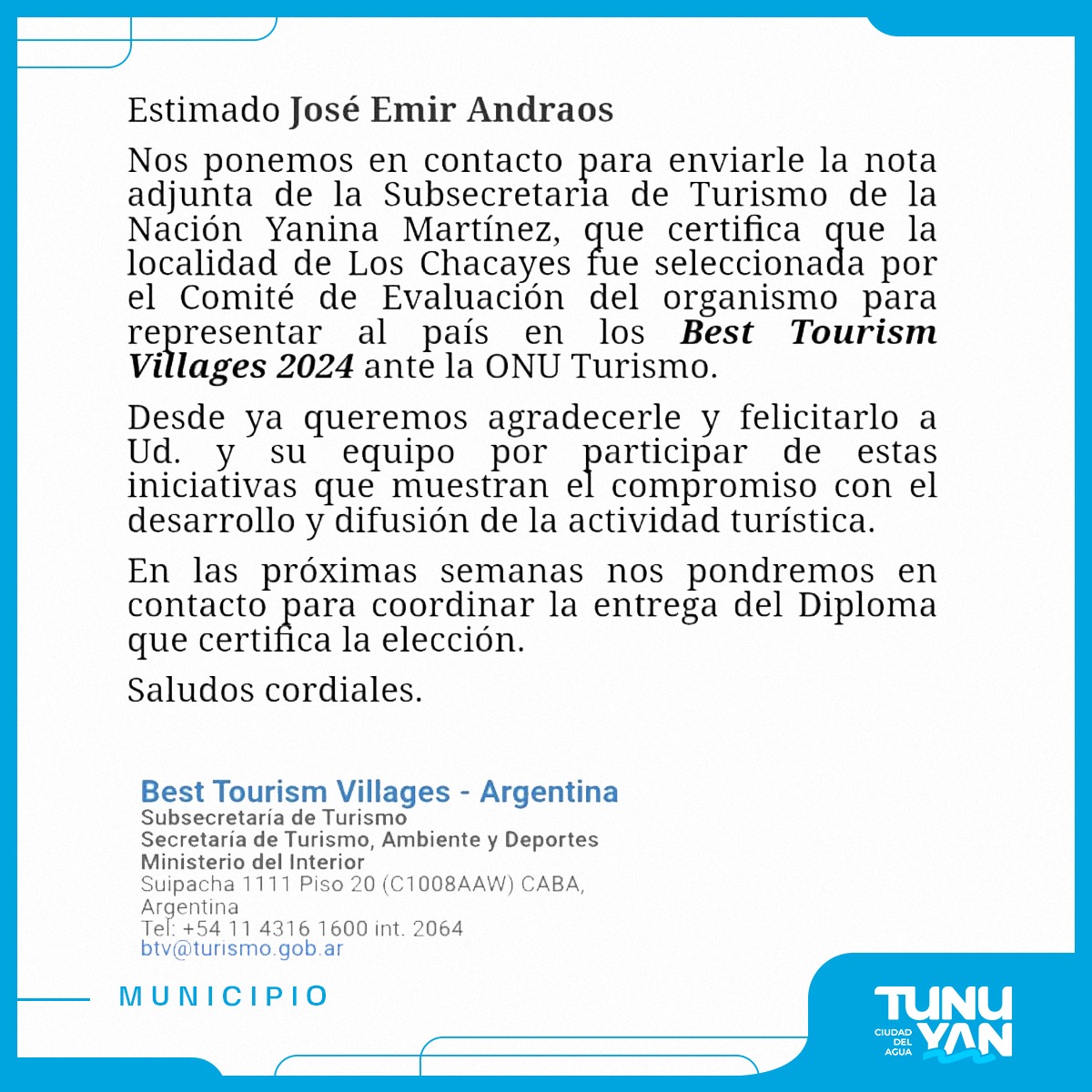 MuniTunuyan's tweet photo. TUNUYÁN EN LO MÁS ALTO

💪 Los Chacayes ha sido seleccionado entre 32 destinos turísticos diferentes, quedando entre los ocho pueblos turísticos argentinos distinguidos como mejores destinos del mundo.

#CiudadDelAgua https://t.co/FUPTITcuVH