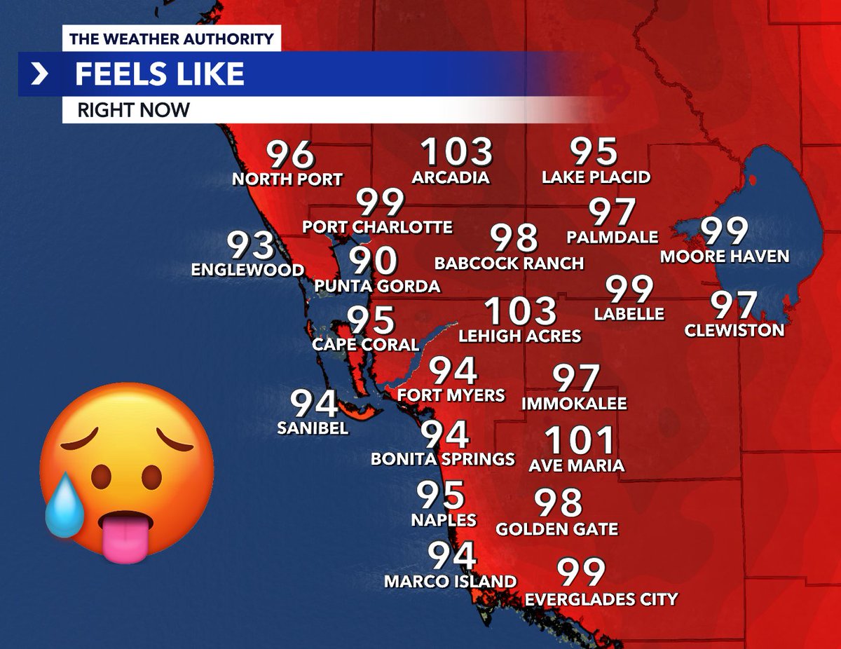 Heat index near or above 100° for parts of Southwest Florida right now. Likely will be even higher next week with surging humidity on the way. 🔥🥵 @WINKNews