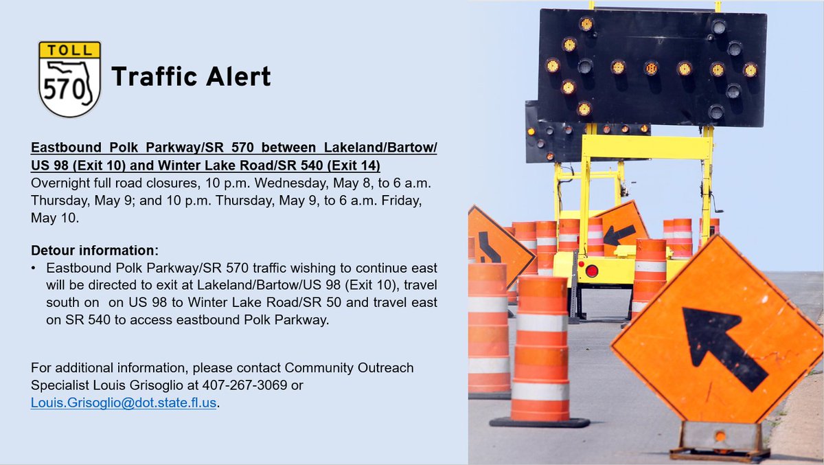 ATTN #PolkCounty Drivers: Eastbound Polk Parkway/SR 570 between US 98 and Winter Lake Road will be closed from 9 p.m. to 6 a.m., Wednesday, May 8, and Thursday, May 9. For detour info, see below.