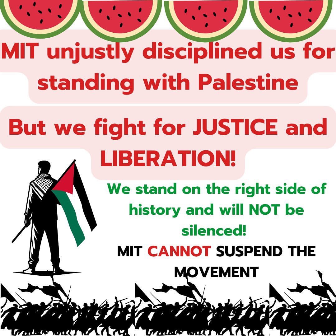 RALLY AT THE STUDENT CENTER AT 6PM MIT would rather unjustly suspend and evict its students than cut its ties with the Israeli Ministry of Defense. SHAME ON MIT. COME SUPPORT STUDENTS AND GRAD WORKERS