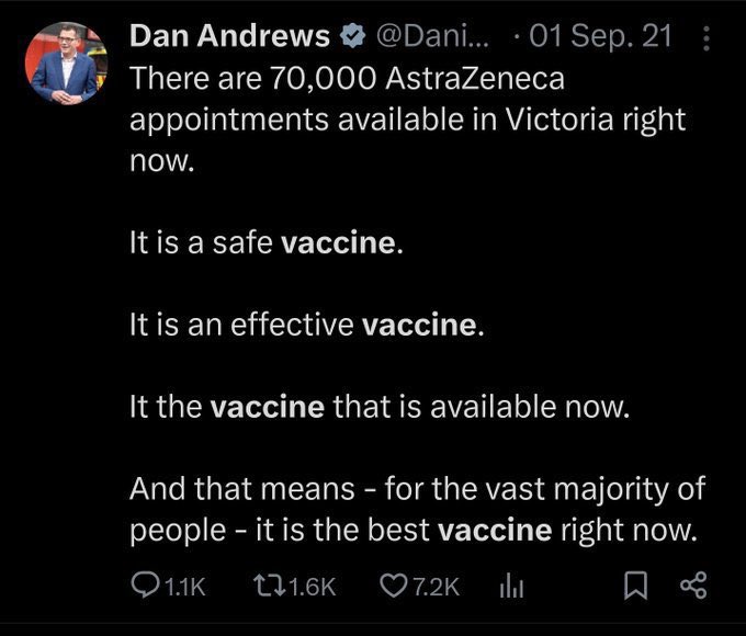 Satan would be proud of Dan Andrews. They all knew AstraZeneca wasn’t safe, I can count on one hand politicians in Australia that were against the jab mandates, never again should anyone have to choose to feed the family or take the deadly shot, If only you knew the pain!