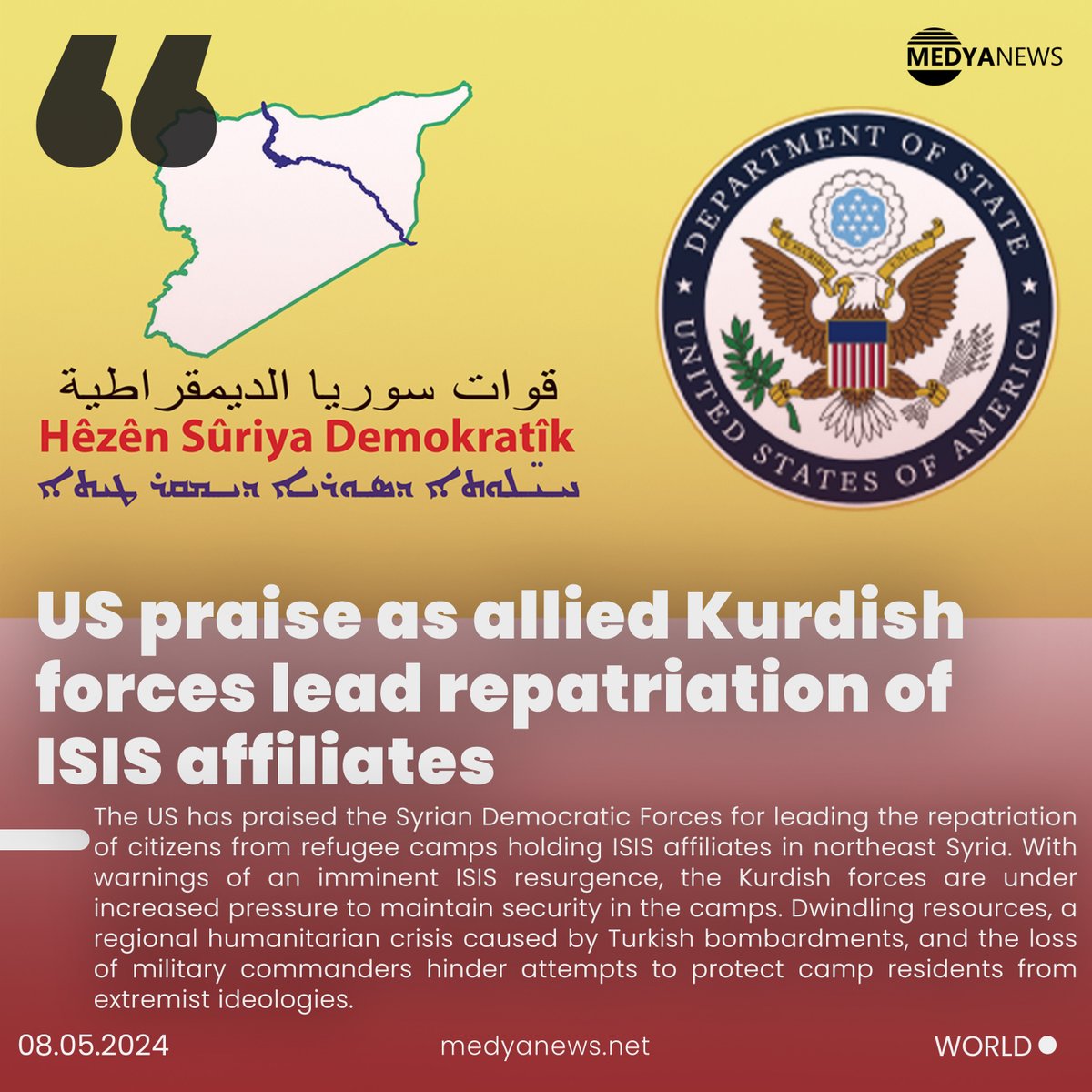 The US praises #Kurdish forces for leading repatriation efforts from #ISIS-affiliate refugee camps in northeast #Syria. Top Syrian-Kurdish commanders repeatedly call for enhanced international support for their anti-ISIS efforts. 🔗buff.ly/3US6Yc3