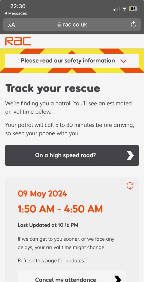 Just in case anyone is pondering which breakdown service to choose…my 17 year old daughter broke down at 6.30pm. She’s still waiting. Just had this update at 10. 30…another 3+ hours to go. School tomorrow…
⁦<a href="/TheRAC_UK/">The RAC</a>⁩