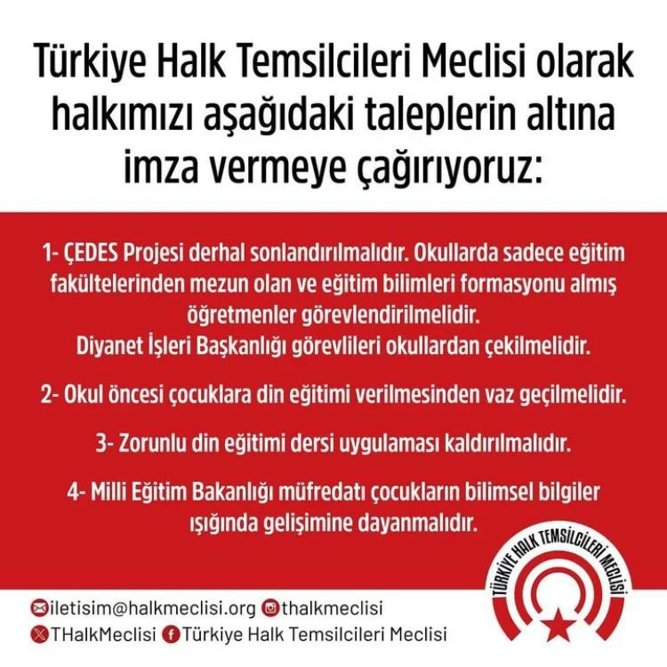 Çocuklarımız için bilimsel eğitim istiyoruz

Türkiye Halk Temsilcileri Meclisi olarak halkımızı aşağıdaki taleplerin altına imza vermeye çağırıyoruz #HalkMeclisi

📝İmzacı olmak için: halkmeclisi.org/cocuklarimiz-i…