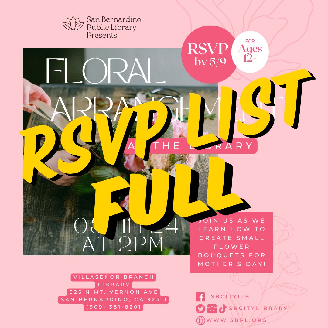 #FloralArrangement is exciting, so exciting that this program's #RSVP list filled up before the cut-off date! If you didn't make it, take a look at the other programs we've got going on. #SanBernardinoPublicLibrary #SanBernardino #SBPL #InlandEmpire #Library #Proud2BeSB #Flowers