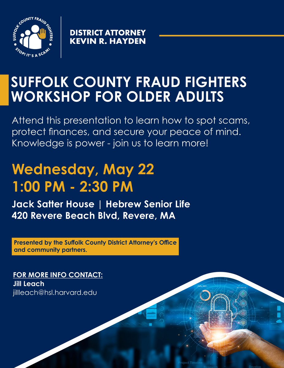 Join us next week on Wednesday, May 15th from 11 a.m. to 12:30 p.m. at Central Boston Elder Services for another Fraud Fighters workshop. Learn how to spot scams and protect yourself from financial fraud. 📍Central Boston Elder Services (CBES) 2315 Washington St. Roxbury
