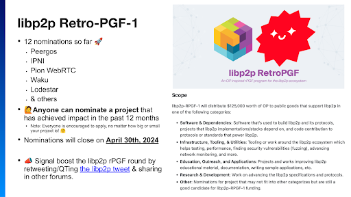 2/ 📣Announcing libp2p-rPGF-1, the first RetroPGF Round for the Libp2p Project! Check out all the projects that benefit the Libp2p community!

Learn more. 👉 bit.ly/4dvBq44