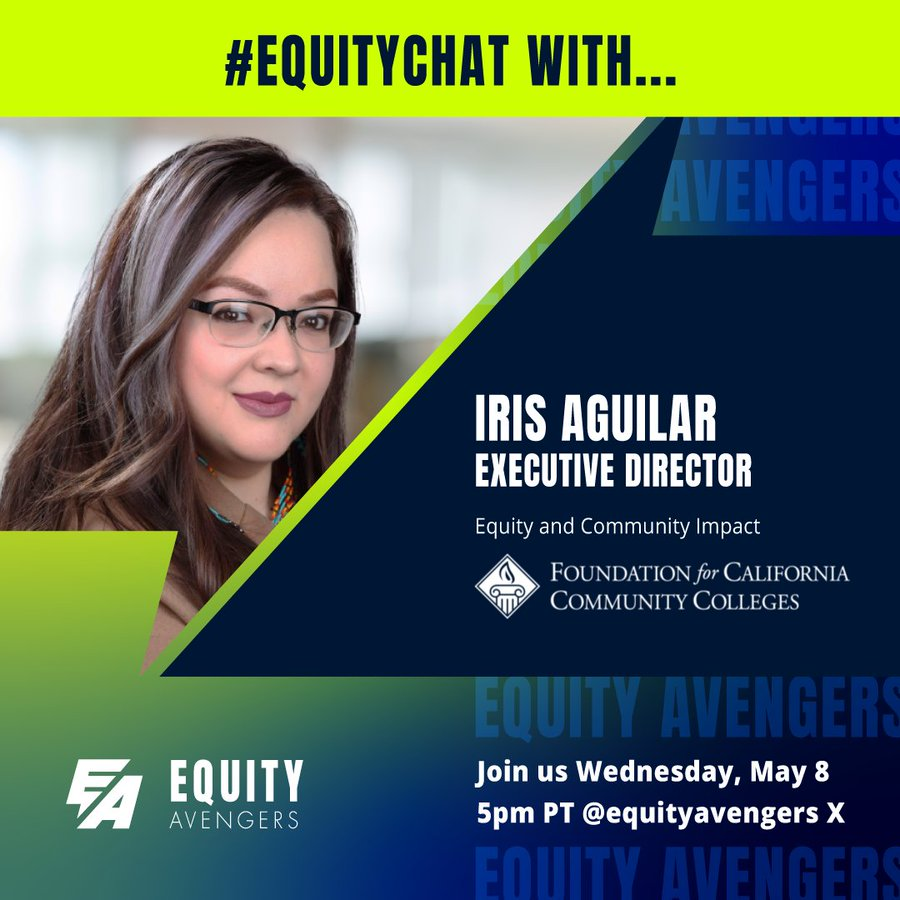 Welcome to #EquityChat sponsored by @CollegeFutures w/ your hosts @Iamkeithcurry @DrTammeil & @DrPamLuster tonight our guest it Iris Aguilar, Exec. Dir. of Equity & Community Impact at @FoundationCCC #EquityAvengers Welcome Iris!