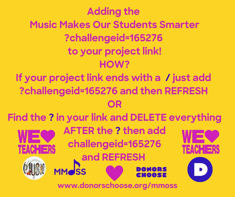 Here are instructions for adding the MMOSS challenge ID to a #DonorsChoose project! Our goal is to reach $5 Million in donations! Thanks for your support for teachers and our Giving Page! #TeacherAppreciationWeek2024 #DonorsChoose #musiceducation donorschoose.org/mmoss