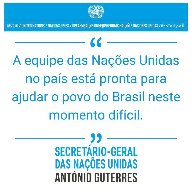 Secretário-geral @antonioguterres manifesta profunda tristeza com a perda de vidas e os danos causados pelas fortes chuvas e enchentes no sul do Brasil. Ele estende suas condolências e solidariedade ao Governo e ao povo do Brasil, bem como às famílias das vítimas.