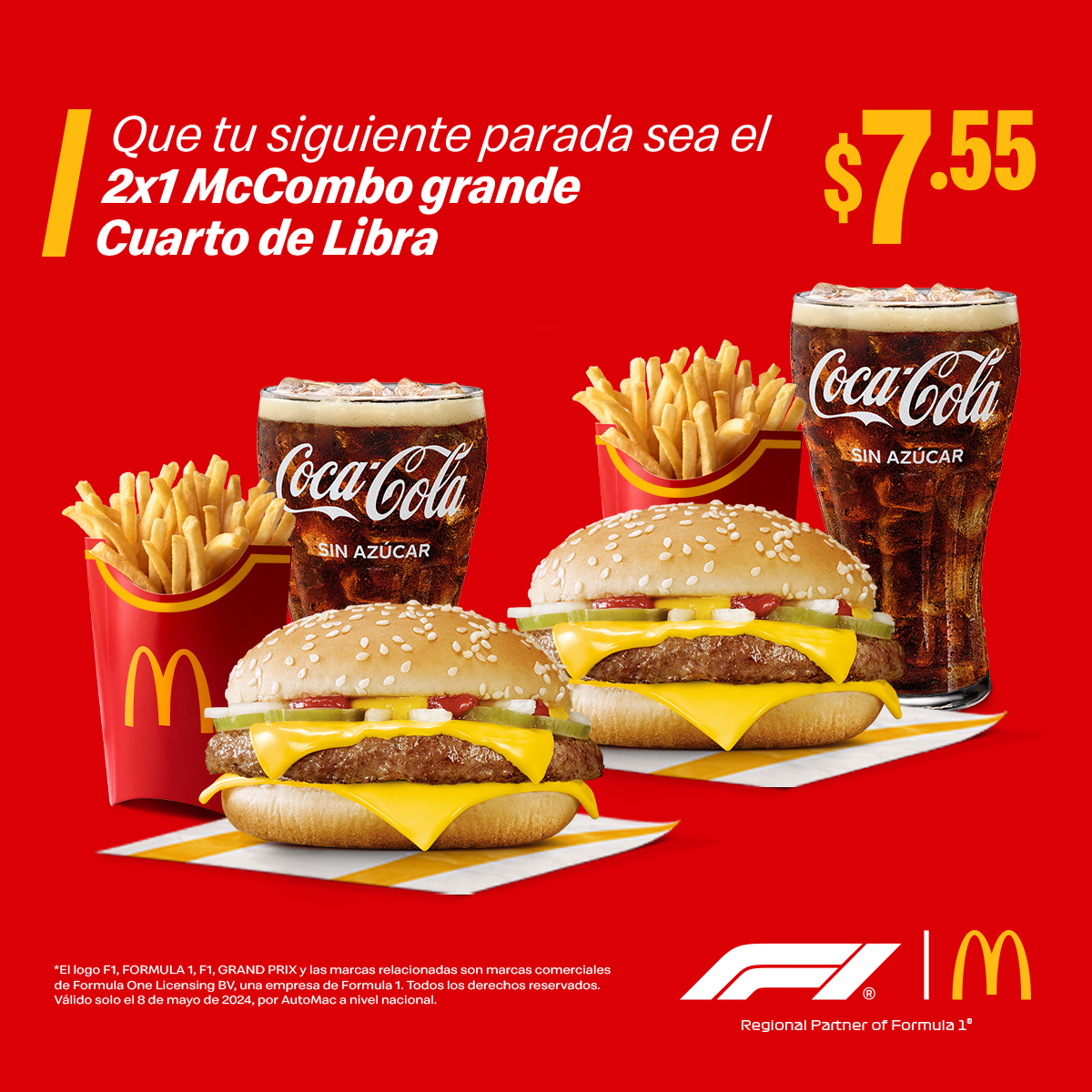 ¡Hoy es miércoles de promo por AutoMac! 🚗 🎉 Solo por hoy te llevas 2 McCombos grandes Cuarto de Libra 🍔🍟🥤 al precio de 1 🤤 Prepara tus $7.55. 👉 Válido por McDonald’s para retiro en AutoMac a nivel nacional, el 8 de mayo de 2024.