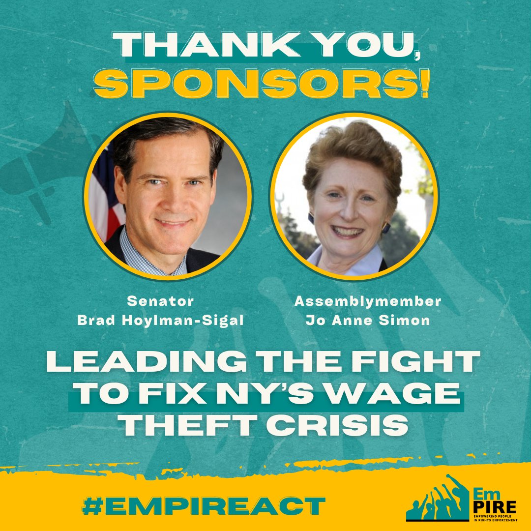 Greedy employers steal $3.2B from NY workers every year! THAT'S WHY the #EmPIREAct is essential! The #EmPIREAct will defend law-abiding businesses, promote good jobs, and protect employees. Thank you to @bradhoylman and @JoAnneSimonBK52 for being on the side of workers 🧡 1/