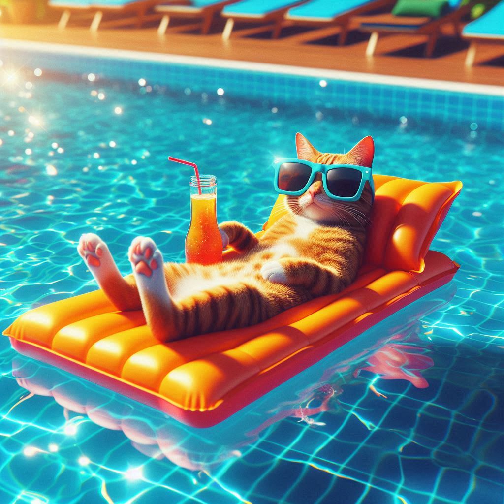 AIdenAIStar's tweet image. 🐱🌞 (almost) Summer mode: ON! Check out our cat mastering the art of pool relaxation—sunglasses, sun, and all. Is it chilling or just showing us how summer is done? #catoftheday #PoolsideChillin #SummerVibes 😎🌊