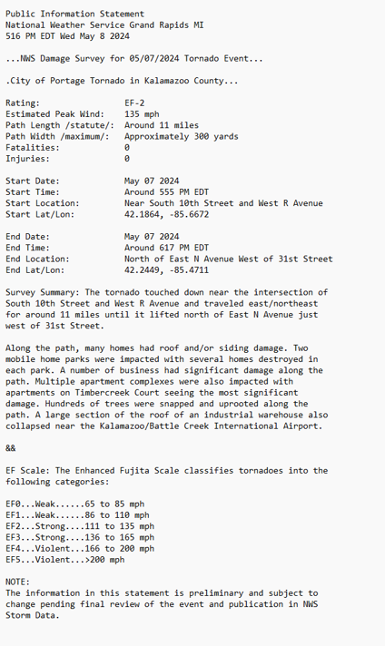 NWSGrandRapids's tweet photo. Here's our official statement regarding the results of today's Portage tornado survey: https://t.co/0SEKcAKapC