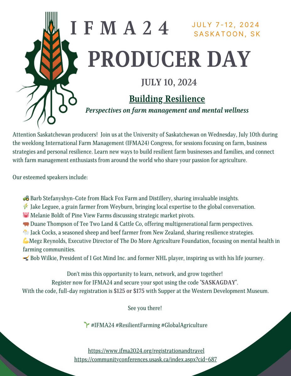 Calling all #Producers, Wednesday, July 10th, #IFMA24 has a special Producer Day during the Congress dedicated to building & discussing #ResilientFarming. For producers interested, there is a Promo Code in the image below. #WesternAg #SaskAg #AlbertaAg #ManitobaAg #CanadianAg