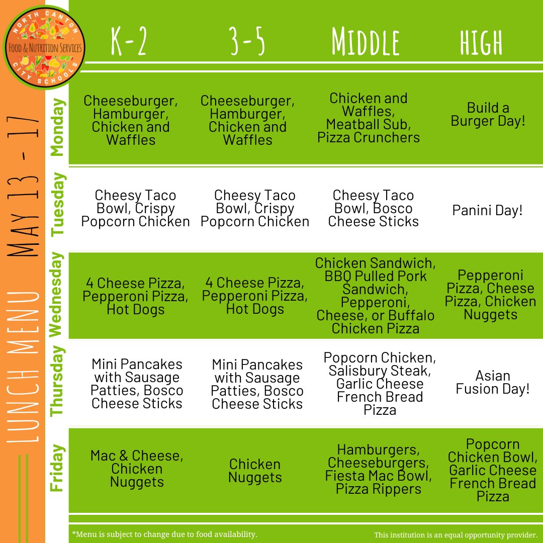 Join us for a week of delicious breakfast AND lunch options that will satisfy every craving! 🥐🍕
Please see our complete menu on our website: myschoolmenus.com/organizations/…
*Menus are subject to change due to supply chain issues. Thank you for your patience and understanding!