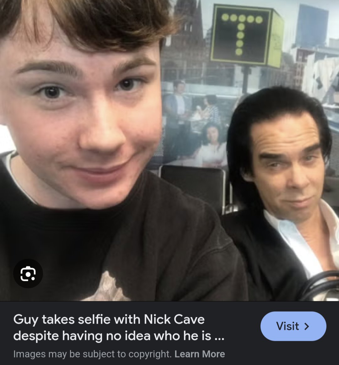 @KateRobbins @KatherineEBoyle A few years ago this kid got a selfie with Nick Cave in an airport lounge despite not knowing who he was because everyone else was doing it. 

Nick looks amused nevertheless