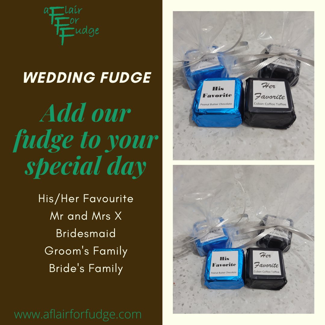 Planning a summer wedding, why not have fudge for your Favors?

Reach out to us and let us make your day even more special

#AFlairForFudge #JoinTheFudgeFamily #TheFudgeGal #TheRealFudgeLady #WeddingFudge #RealUniqueFudge #GetYourFudgeOn #WeddingFavors  #YourSpecialDay