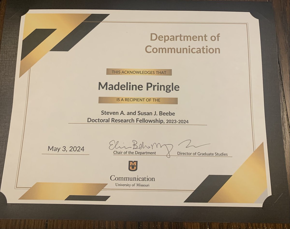 I was lucky enough to receive two awards at the <a href="/MizzouComm/">MU Comm Department</a> Spring Awards Reception this past Friday--the Loren Reid Memorial Graduate Teaching Award &amp; the Steven A. &amp; Susan J. Beebe Doctoral Research Fellowship. I am incredibly grateful to receive these awards.