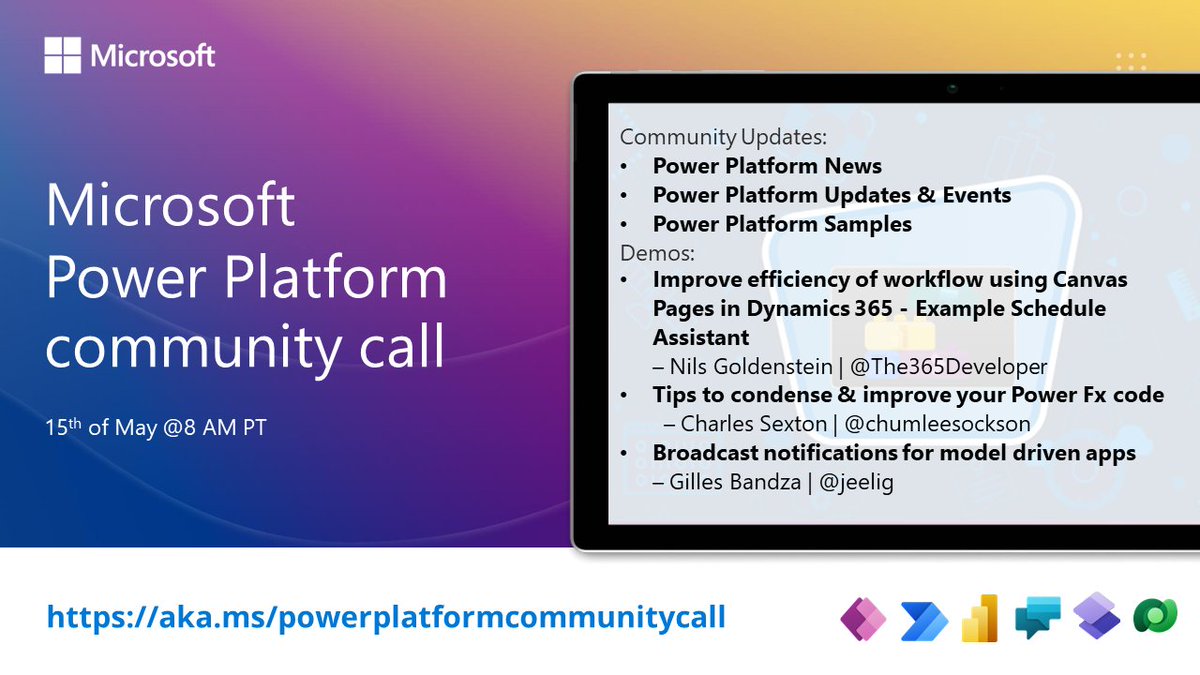 DavidWarnerII's tweet image. 📅 Agenda for the #PowerPlatform Call, 15th of May, 8 AM PT

✅ The latest news⚡w/@ShanesCows 
✅ Focus on #Dynamics365, #PowerFx &amp;amp; #PowerApps
✅ Demos by @The365Developer, @chumleesockson &amp;amp; @jeelig

...+ more!🚀#SharingIsCaring

👋 Get the invite → aka.ms/powerplatformc…