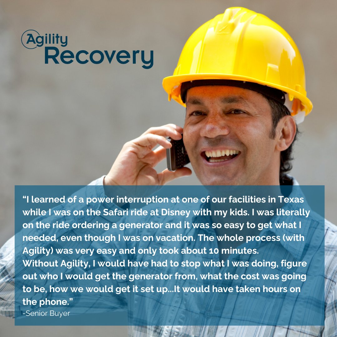 Agility takes the stress out of recovering from a business interruption. As a member, you have a nationwide team standing by 24/7/365 to step in & manage your recovery from beginning to end. info.agilityrecovery.com/dr-learn-more #businesscontinuity #preparedness #disasterrecovery