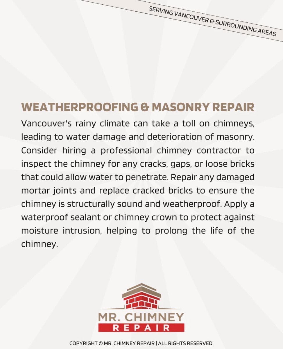 Shield your chimney from Vancouver's rain with expert masonry repair. 

Our weatherproofing solutions ensure your fireplace stands strong against the elements. 👷‍♂️

#VancouverChimney #MasonryRepair #RainyWeather #MrChimneyRepair