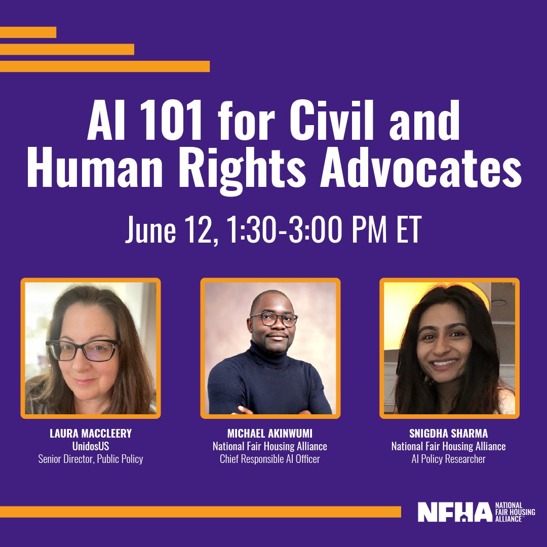 🏡 June is not just #HomeownershipMonth, it's also a time to delve into the vital connection between AI & fair housing! Join us on June 12th for a webinar on 'AI 101 for Civil and Human Rights Advocates'. Explore AI's role in housing and lending. Register: bit.ly/4badVfc