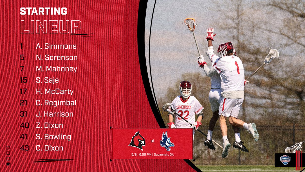🥍STARTING LINEUP🥍 Here’s how @ConcordiaMlax will line up against Keiser in today’s NAIA Quarterfinal #GoCards
