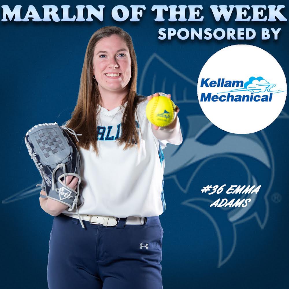 Congratulations to Softball Pitcher Emma Adams for being Named Marlin of the Week! She was 3-0 in the ODAC Tournament last weekend pitched 19.1 innings, allowed three runs, and tallied 12 strikeouts! Thanks to our sponsor @tellemkellam
