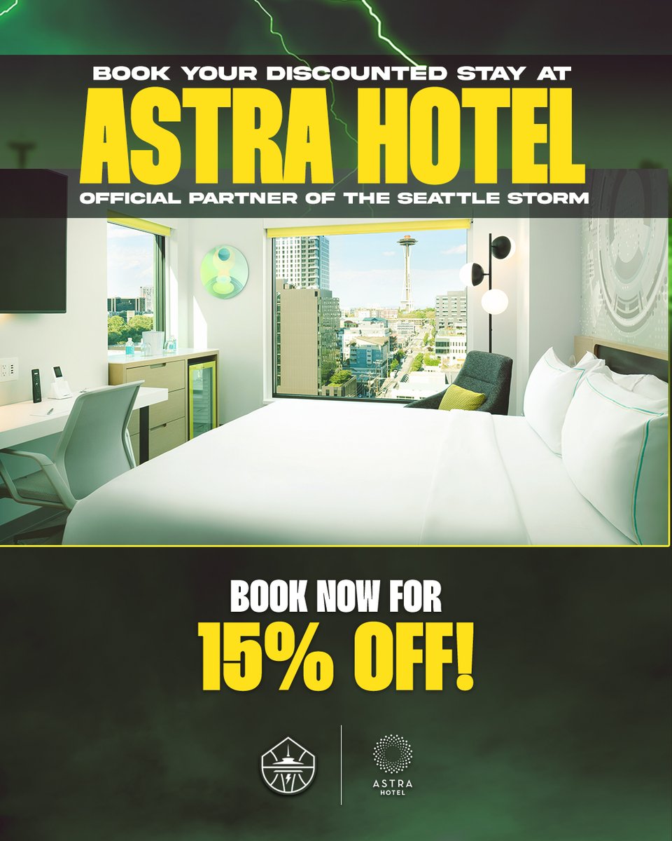 Looking to book an overnight stay this summer? Use the link below for 15% off at Astra Hotel, Official Partner of the Seattle Storm! 👇 astrahotelseattle.com/seattle-storm