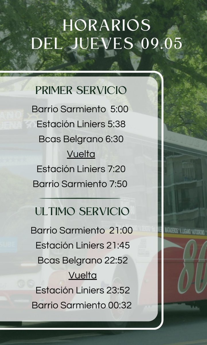 Mañana 09/05 de brindará servicio con la frecuencia de fin de semana. 

Les compartimos el detalle del primer y último servicio para que puedan organizarse nuestros pasajeros/as.