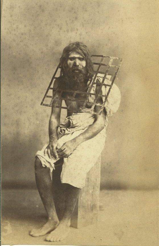 An ascetic with a metal grid welded around his neck, so that he can never lie down, late 1800s (History cool kids )