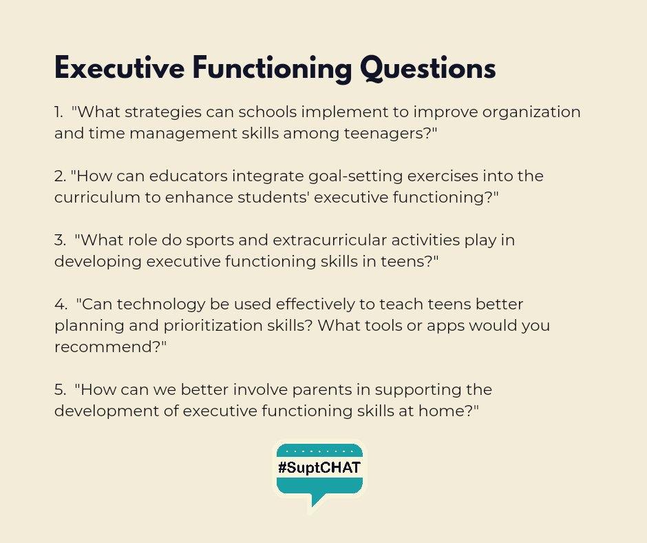 We are just a couple of hours away from #SuptChat. 

Read the questions here!  We will go live in 2hrs.  Tonight is all on #ExecutiveFunctioning and building Life Readiness Skills in our students.  

@AASAHQ