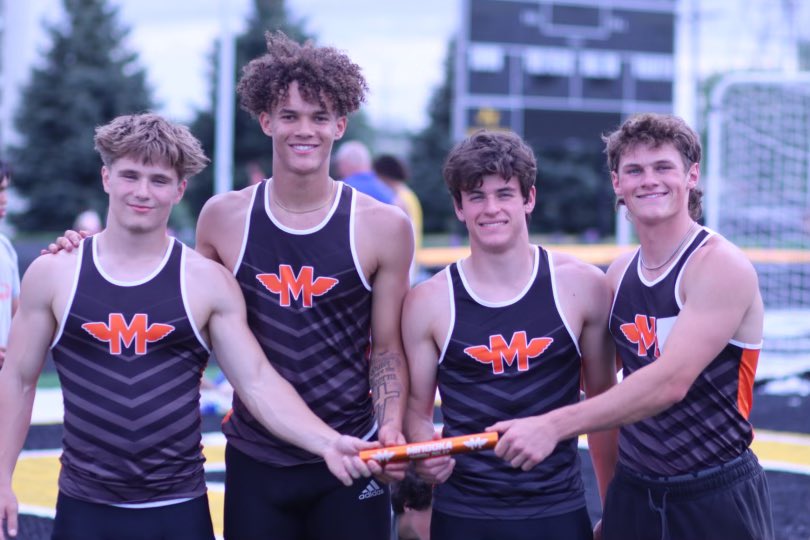 4x100m Relay Champions! Hayden Bowman ‘26, Donovan Anderson ‘24, Matthew Maffeo ‘26, Nate George ‘24. #SPC24 #SmithStrong