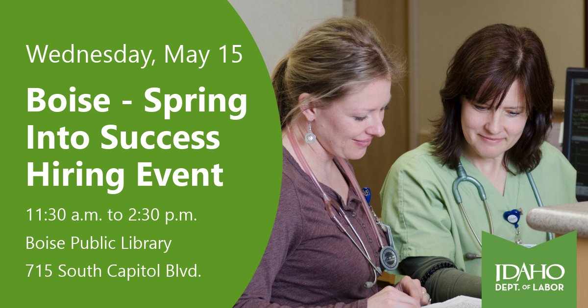 The Idaho Department of Labor is hosting a hiring event at the Boise Public Library, Wednesday, May 15 from 11:30 a.m. to 2:30 p.m. Employers will be hiring for a variety of positions including general equipment operators, mechanics and more.
idahoworks.gov/events