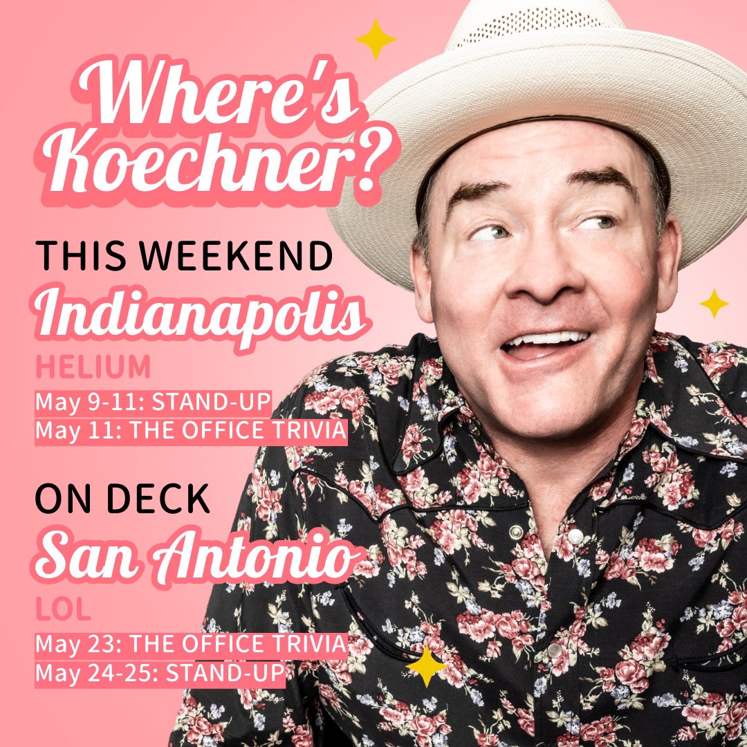 Where’s ol’ Koechner this weekend? I’ll see you soon, INDIANA! @HeliumComedyIND for stand-up and The Office Trivia with the real Todd Packer. Then it’s off to TEXAS at @SanAntonioLOL before heading to KC for @BigSlickKC All my dates: DavidKoechner.com