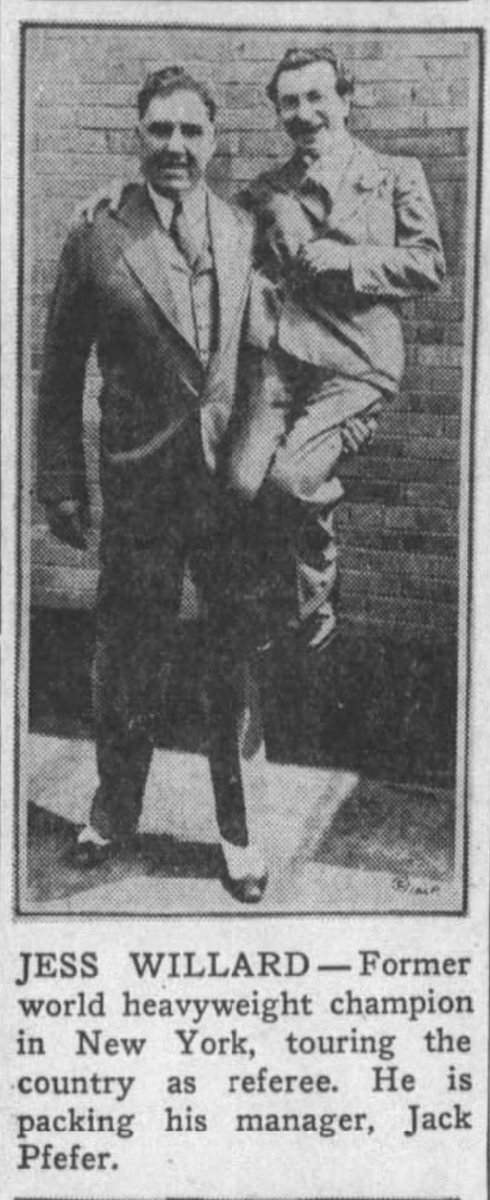 Jack Pfefer gets a lift from former heavyweight boxing champ (and the man who knocked out Jack Johnson nonetheless) Jess Willard. Pfefer managed the 'Pottawatomie Giant' for a series of guest referee appearances in 1934.