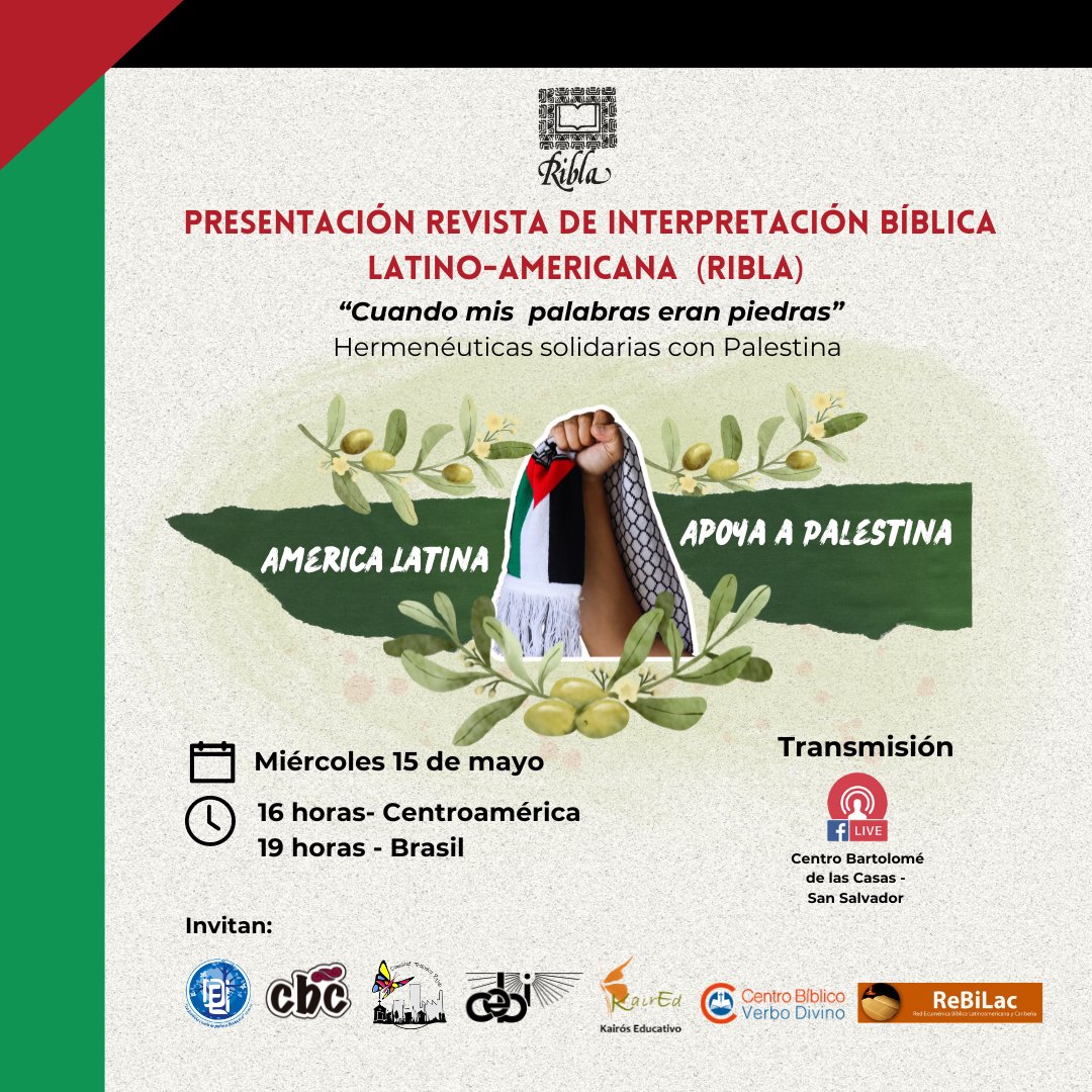 DEI_LatAm's tweet image. Con gran alegría queremos invitarles al lanzamiento de la publicación #92 de la Revista de Interpretación Bíblica Latinoamericana (RIBLA): “Cuando mis palabras eran piedras” Hermenéuticas solidarias con Palestina 

 🗓️Miércoles 15 de mayo

 🕜4:00p.m Centroamérica, 7pm Brasil